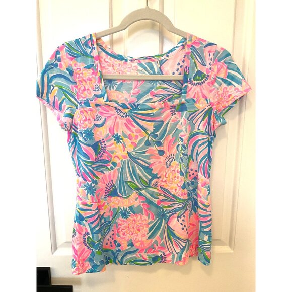 Lilly Pulitzer Womens XS Rexa Knit Top "TROPICAL PUNCH" Pink Short Sleeve Floral - Picture 1 of 4